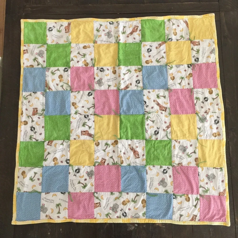 Bazoople Baby Quilt 34x35 Multicolor Safari Animal Patchwork Hand Tied‎ Blanket